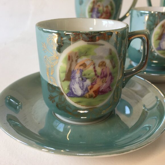 Vintage Victorian Couple Iridescent Porcelain Tea Set Luster Japan Blue Teapot - Picture 6 of 16